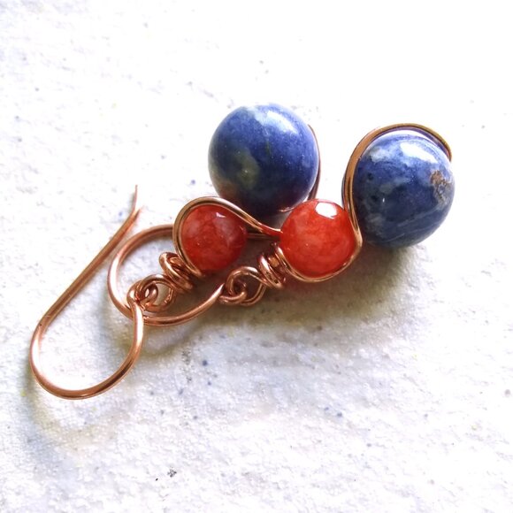 Denim Days Earrings: Sodalite, Fiery Agate & Copper Wire Wrap @ OOAK Fall Combo - Picture 6 of 11